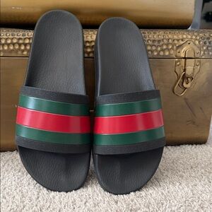 Black Slides with Red and Green Stripes